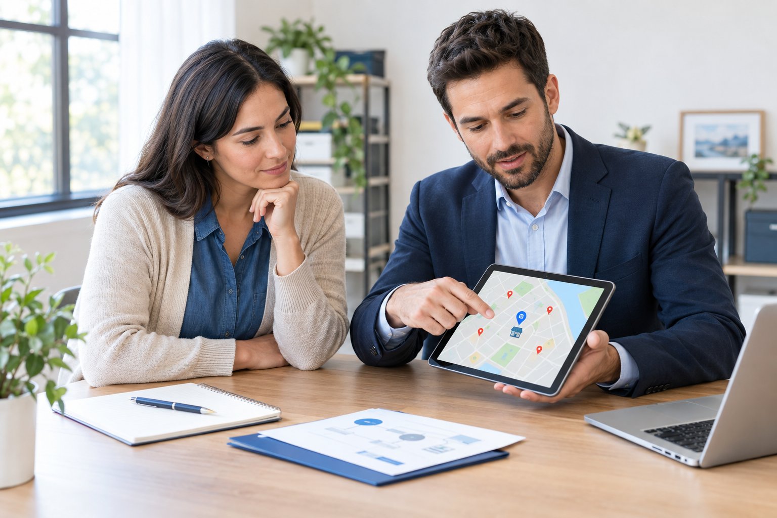 A business owner and marketing consultant review a map on a tablet at a desk.